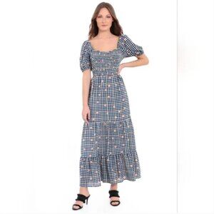 Donna Morgan Soft White Coral Check Print Short Puff Sleeve Maxi Dress size 16